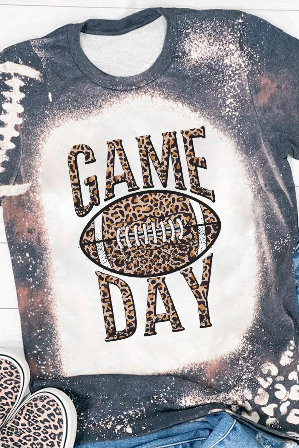 Leopard Football Graphic Print Crew Neck T-Shirt for Game Day Style