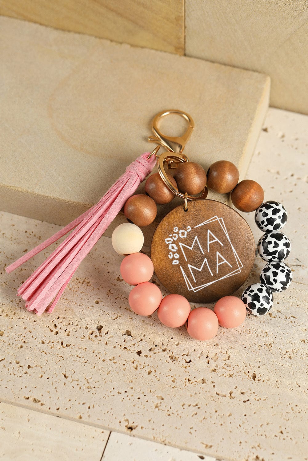 Leopard Fringe Mama Wood Beaded Keychain