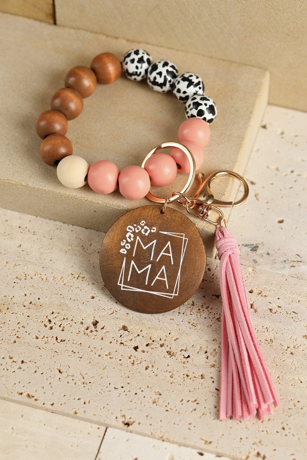 Leopard Fringe Mama Wood Beaded Keychain