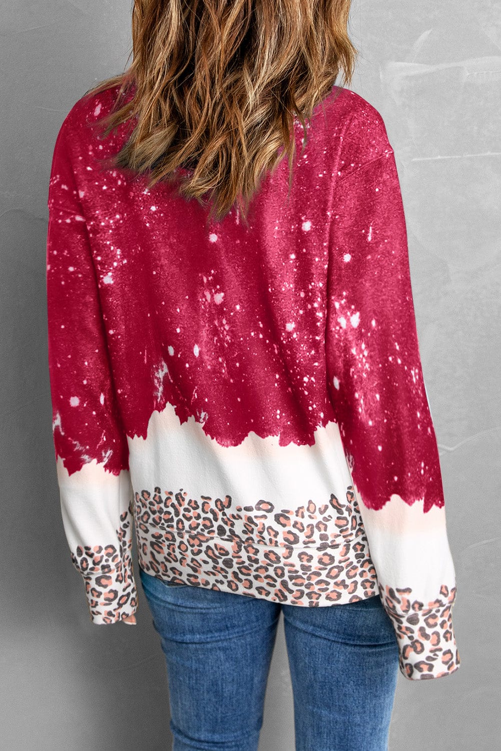 Leopard Heart Graphic Red Sweatshirt with Fiery Bleached Details