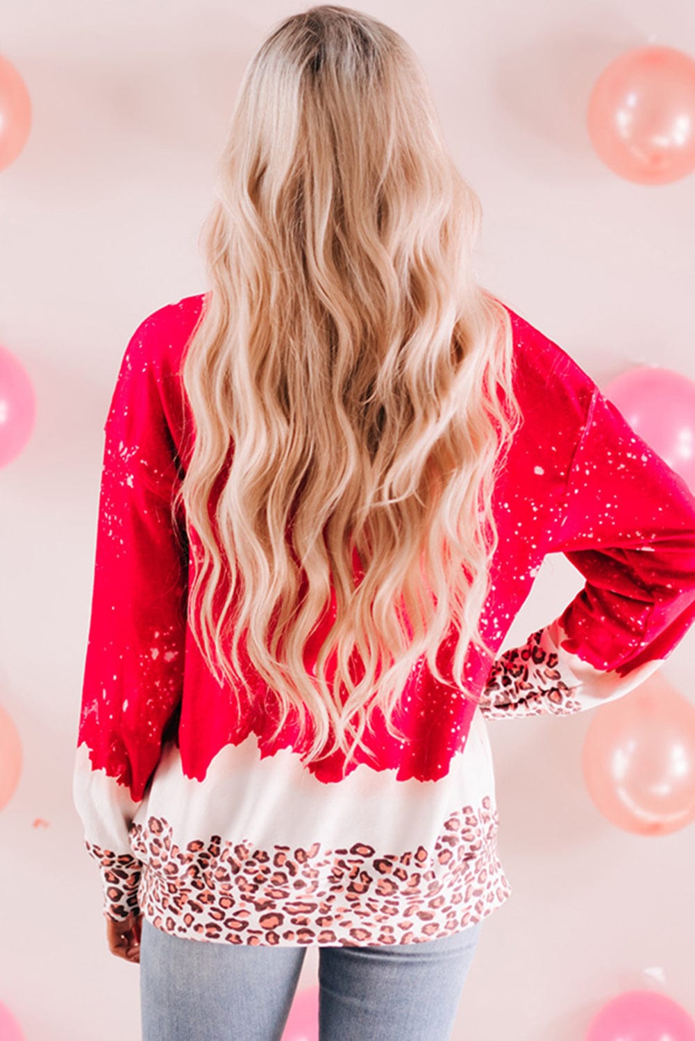Leopard Heart Graphic Red Sweatshirt with Fiery Bleached Details