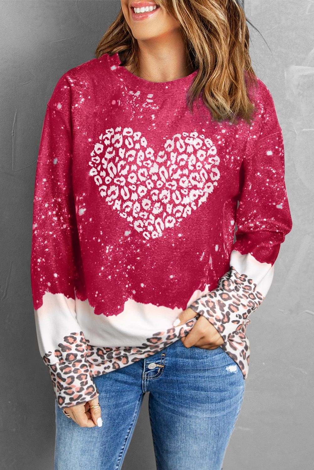 Leopard Heart Graphic Red Sweatshirt with Fiery Bleached Details