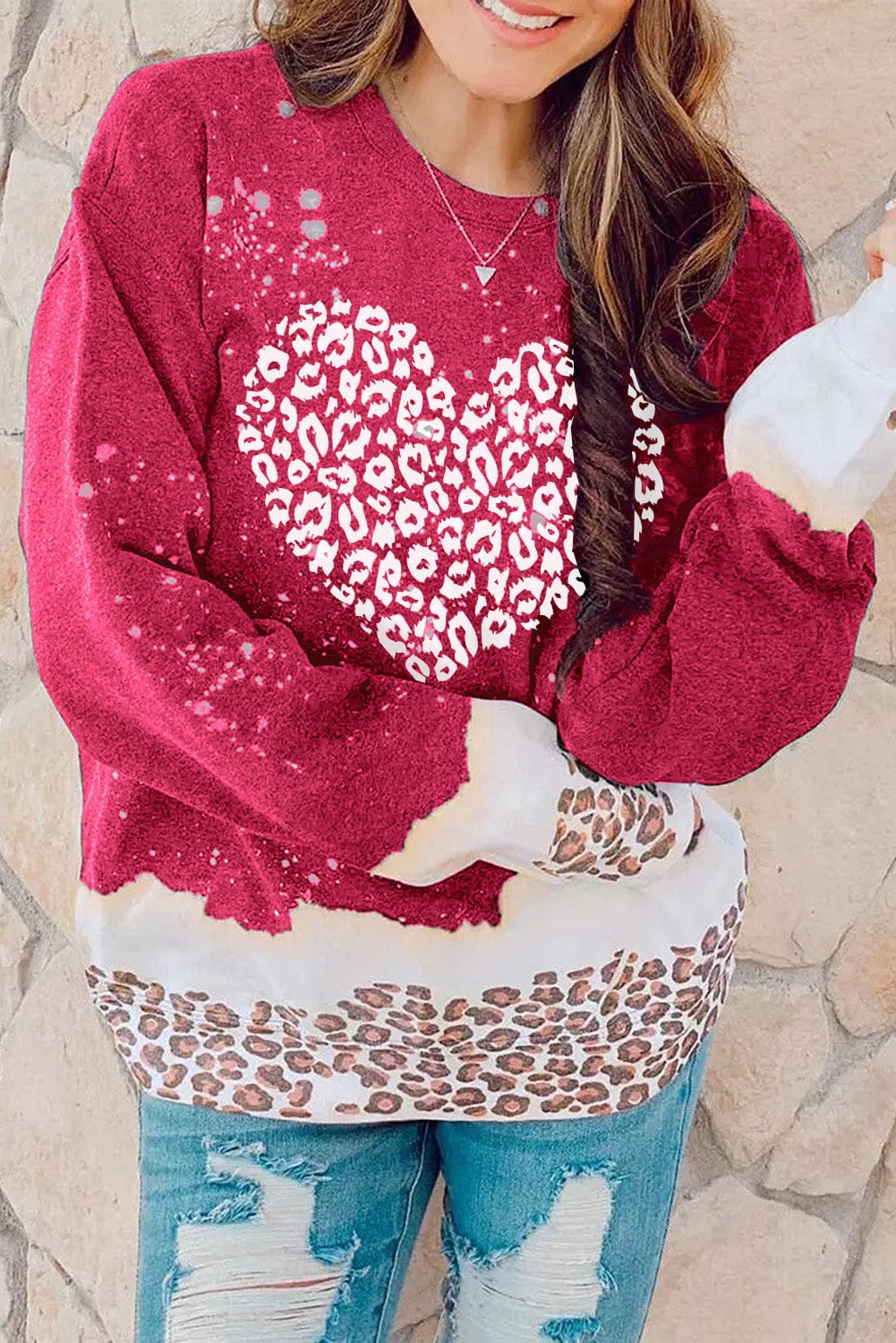 Leopard Heart Graphic Red Sweatshirt with Fiery Bleached Details