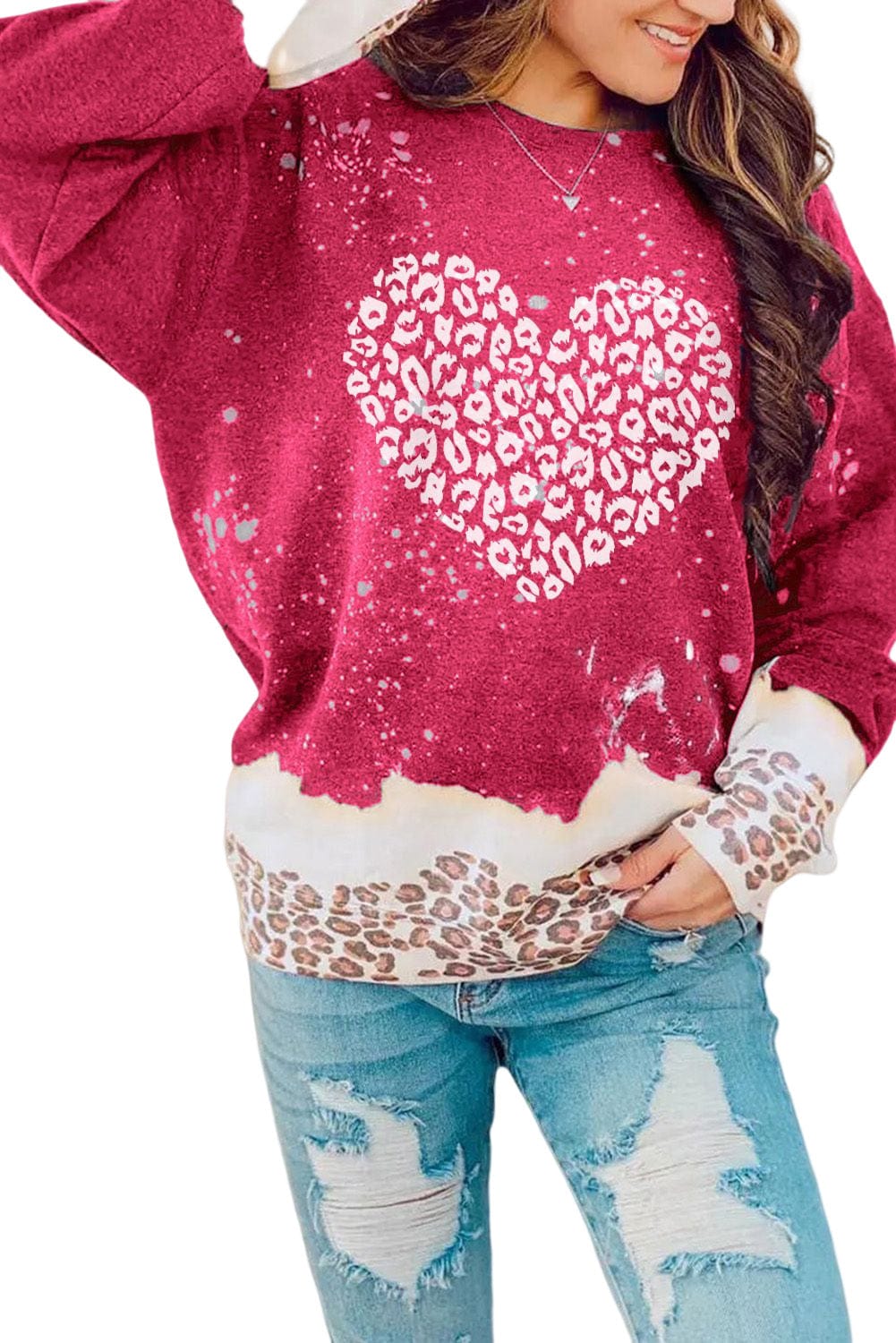 Leopard Heart Graphic Red Sweatshirt with Fiery Bleached Details
