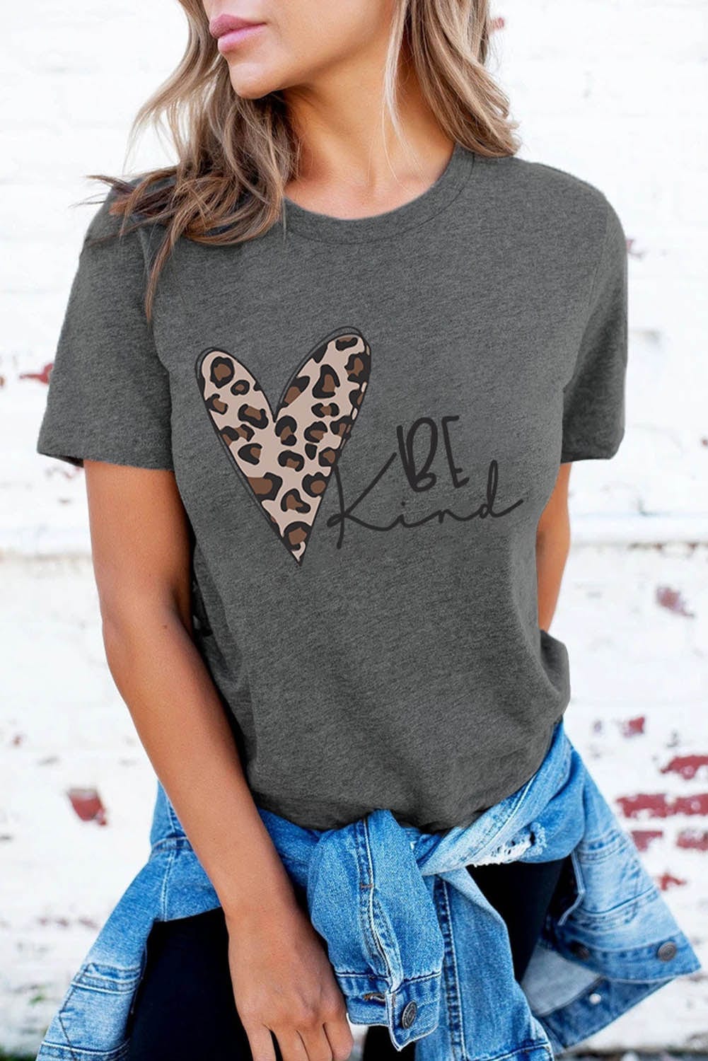 Leopard Heart Gray Be Kind Graphic T-Shirt for Women
