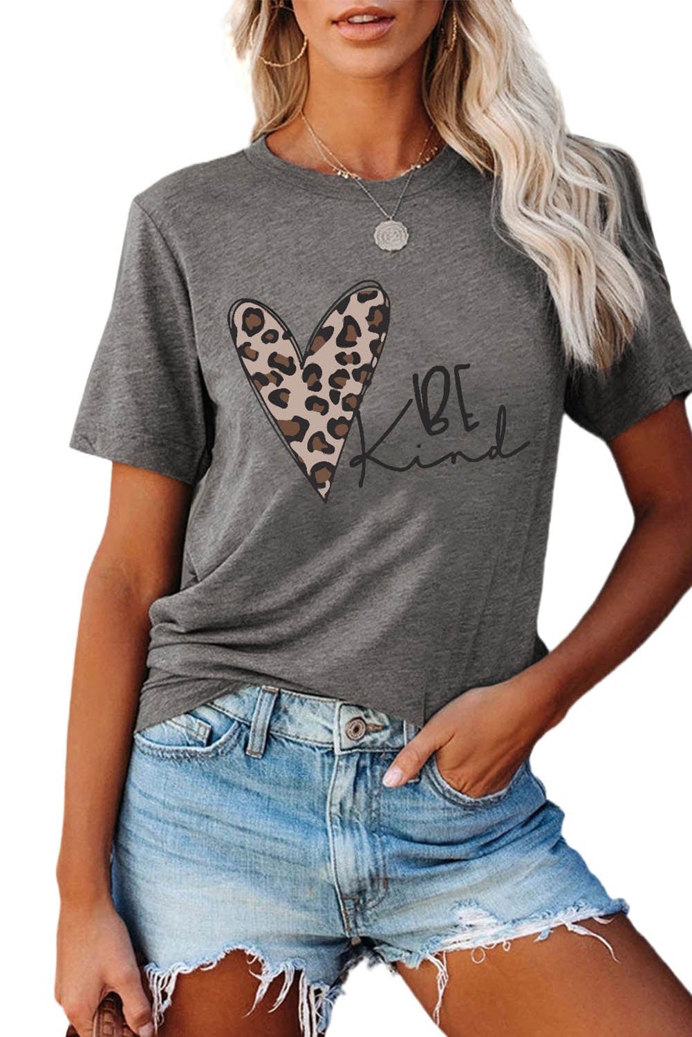 Leopard Heart Gray Be Kind Graphic T-Shirt for Women