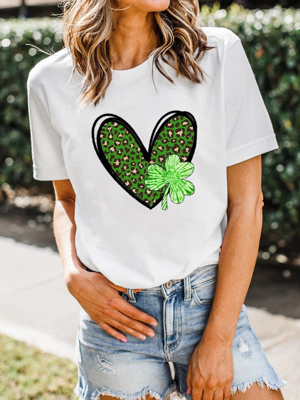 Leopard Heart Print Crewneck Tee with White Clover Design