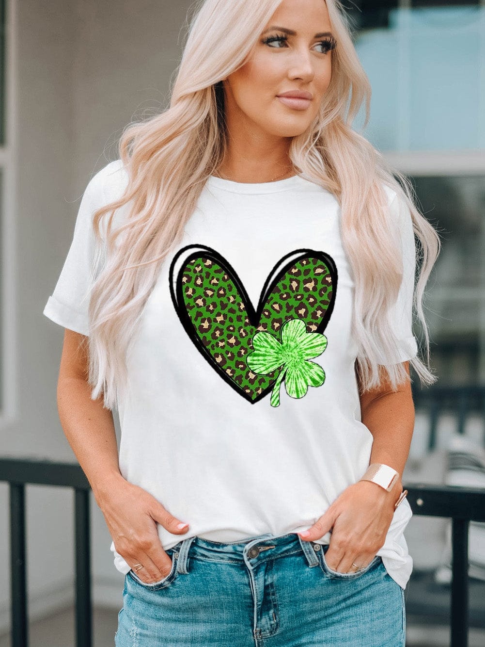 Leopard Heart Print Crewneck Tee with White Clover Design