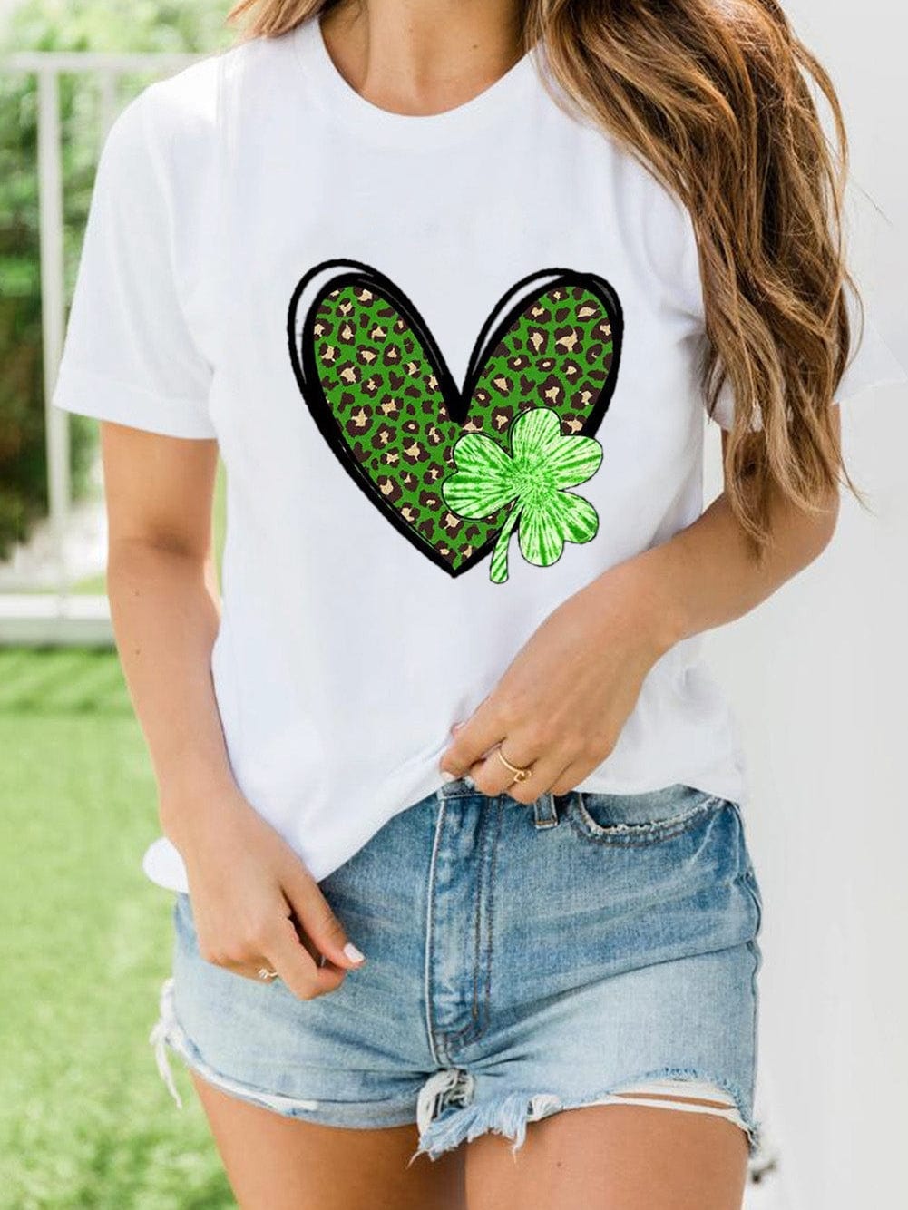 Leopard Heart Print Crewneck Tee with White Clover Design