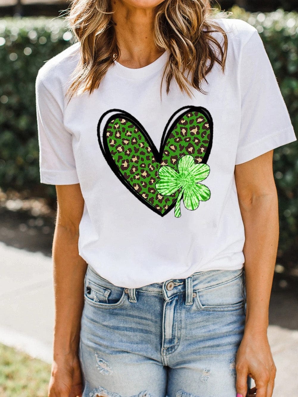 Leopard Heart Print Crewneck Tee with White Clover Design