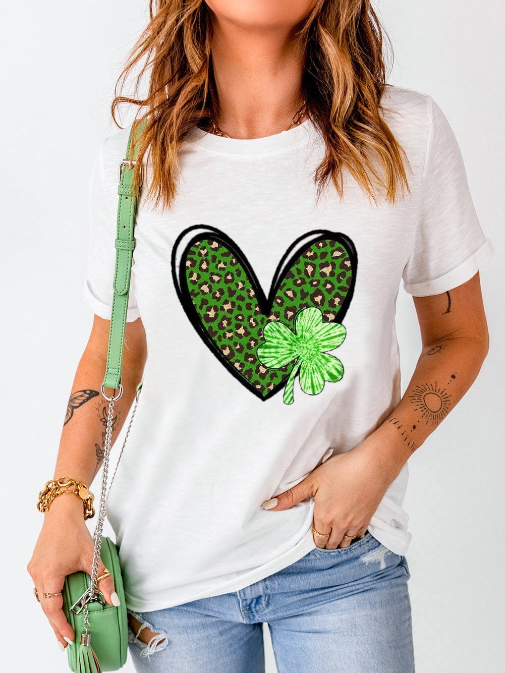 Leopard Heart Print Crewneck Tee with White Clover Design