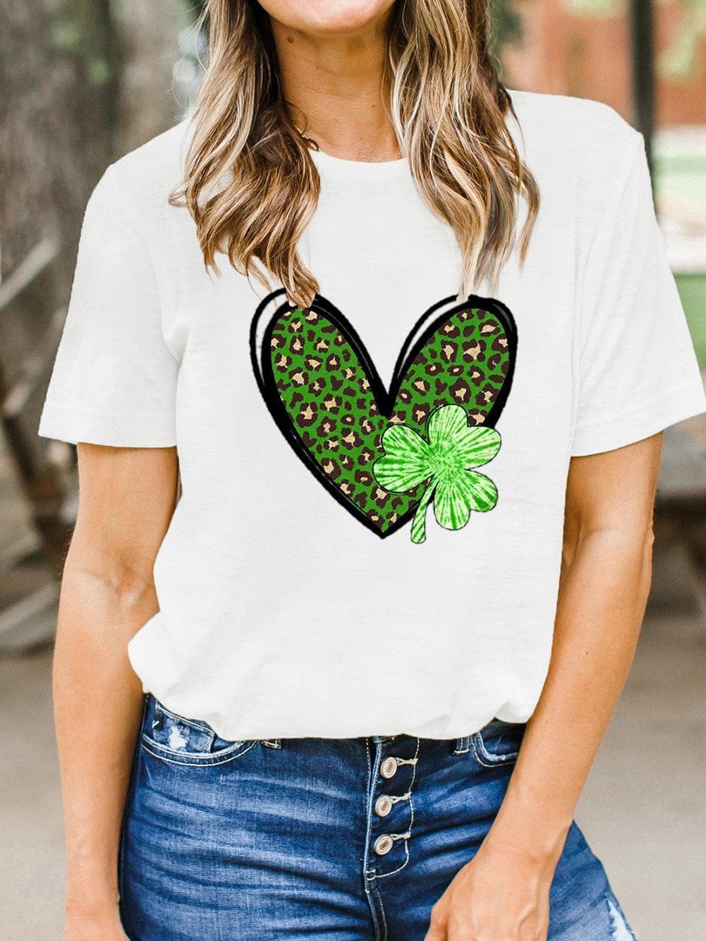 Leopard Heart Print Crewneck Tee with White Clover Design