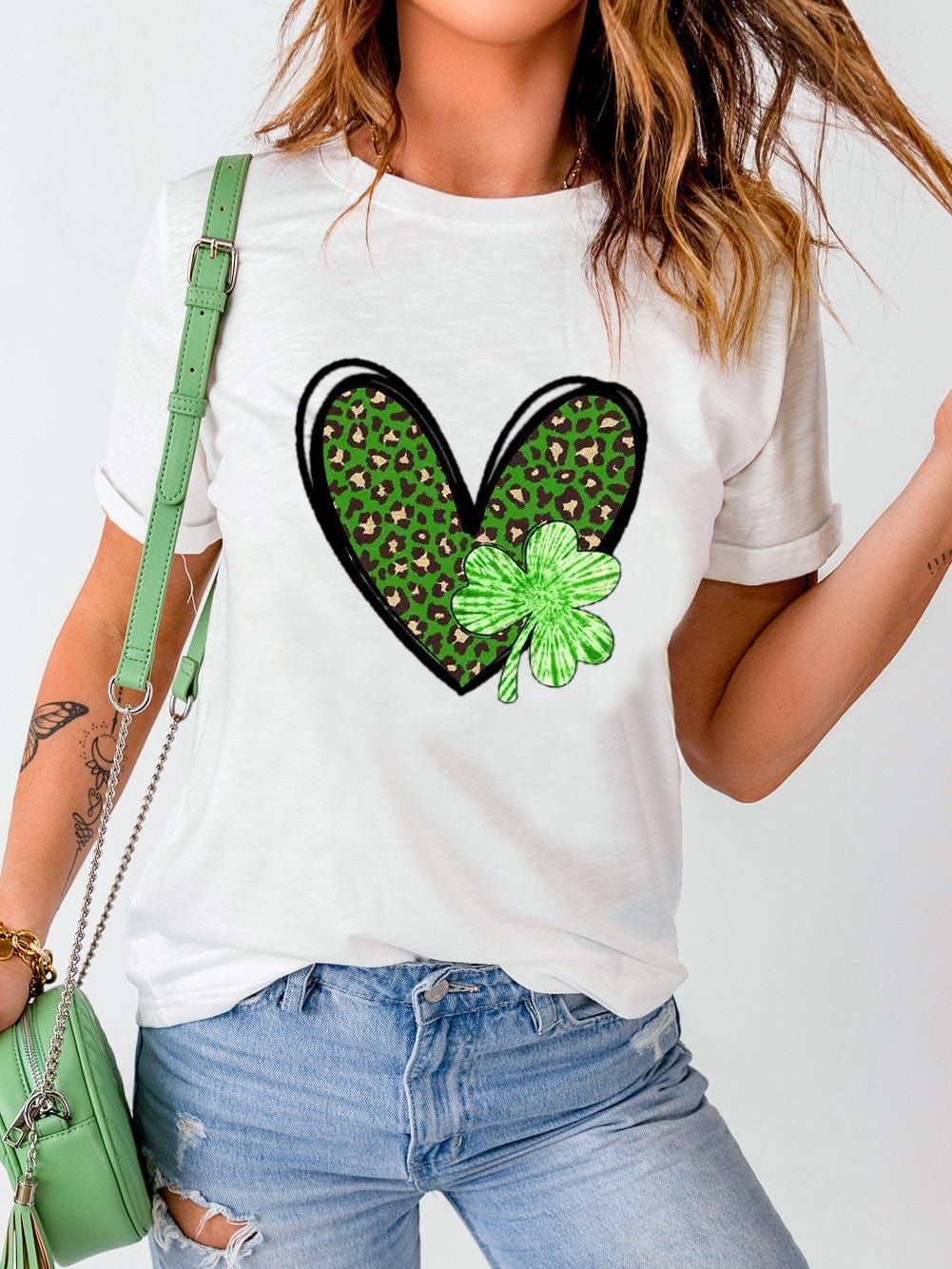 Leopard Heart Print Crewneck Tee with White Clover Design