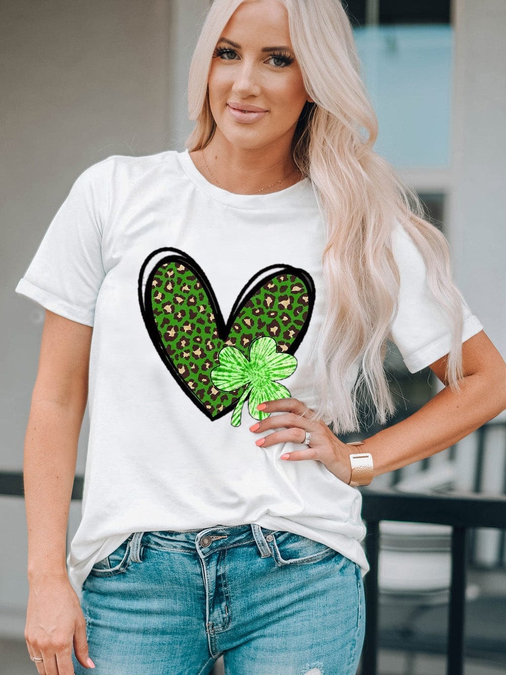 Leopard Heart Print Crewneck Tee with White Clover Design