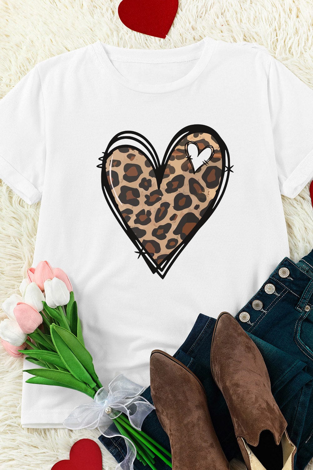 Leopard Heart Print White Western Valentine Tee