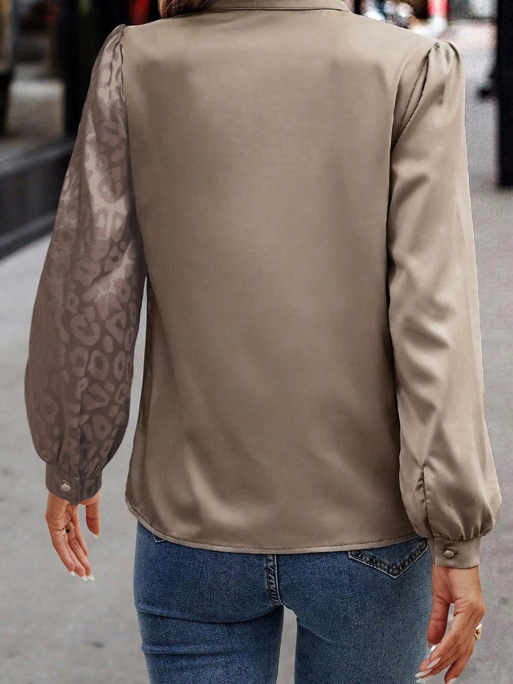 Leopard Jacquard Satin Blouse in Light French Beige