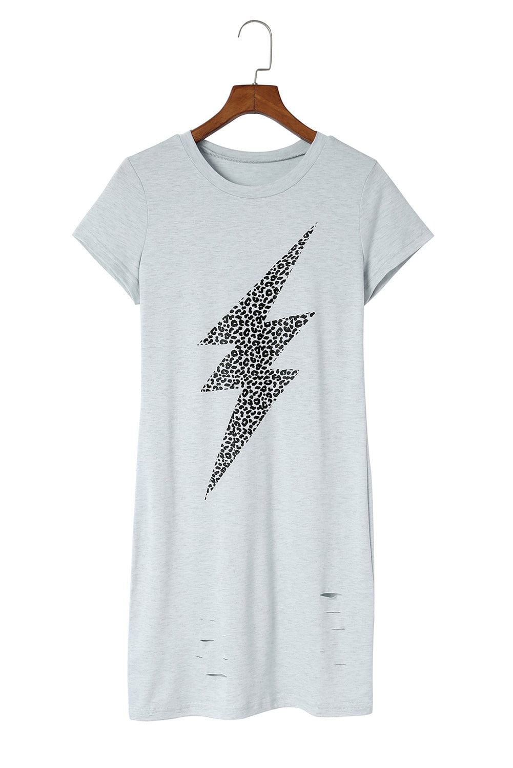 Leopard Lightning Print Distressed Gray T-shirt Dress