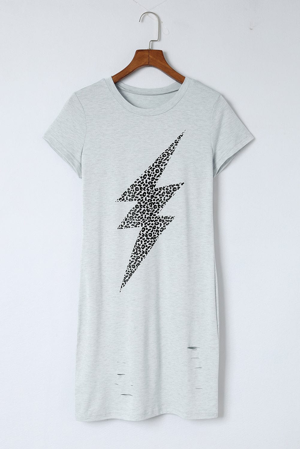 Leopard Lightning Print Distressed Gray T-shirt Dress
