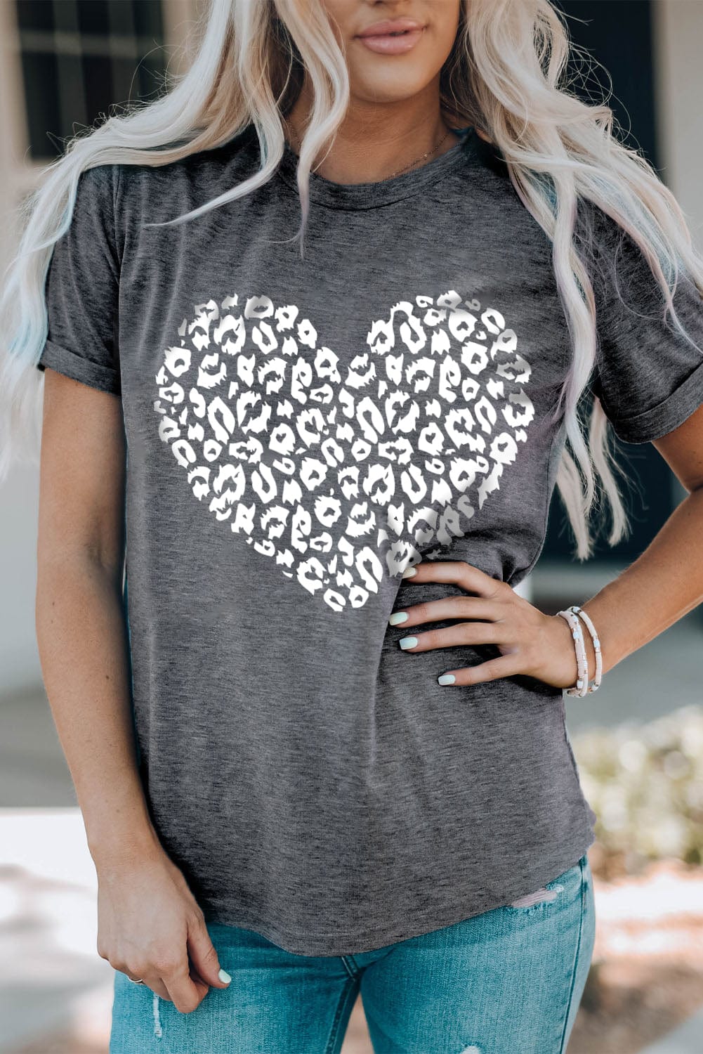 Leopard Love Heart Graphic Tee with Gray Kiss Print