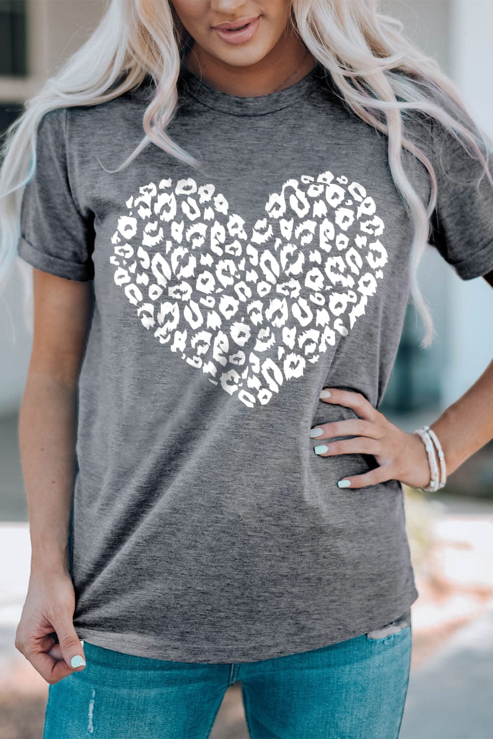 Leopard Love Heart Graphic Tee with Gray Kiss Print