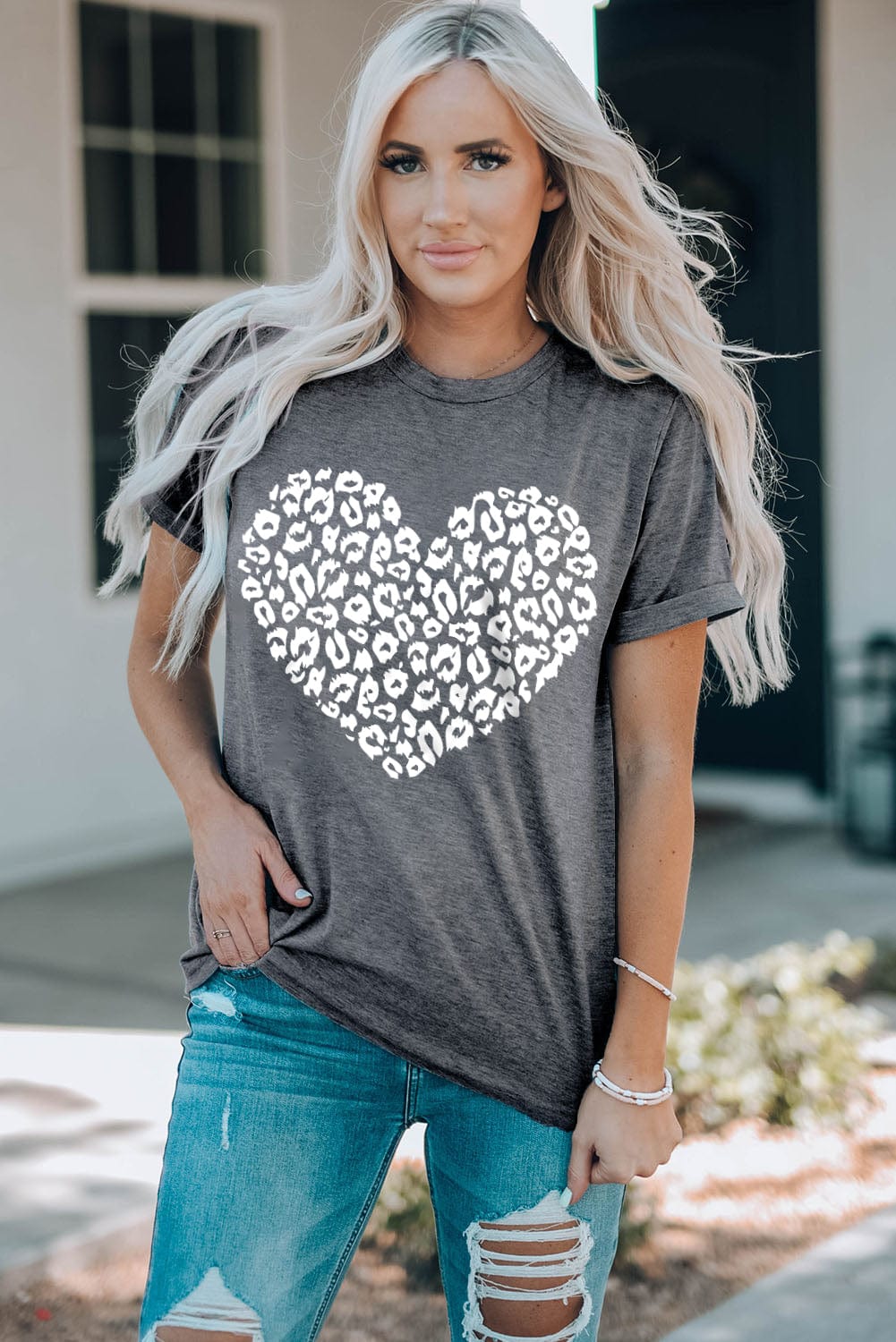 Leopard Love Heart Graphic Tee with Gray Kiss Print