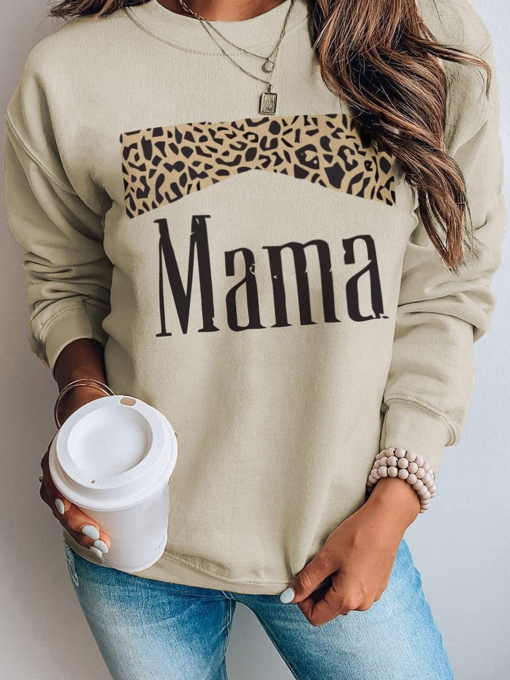 Leopard Mama Khaki Print Graphic Pullover Sweatshirt