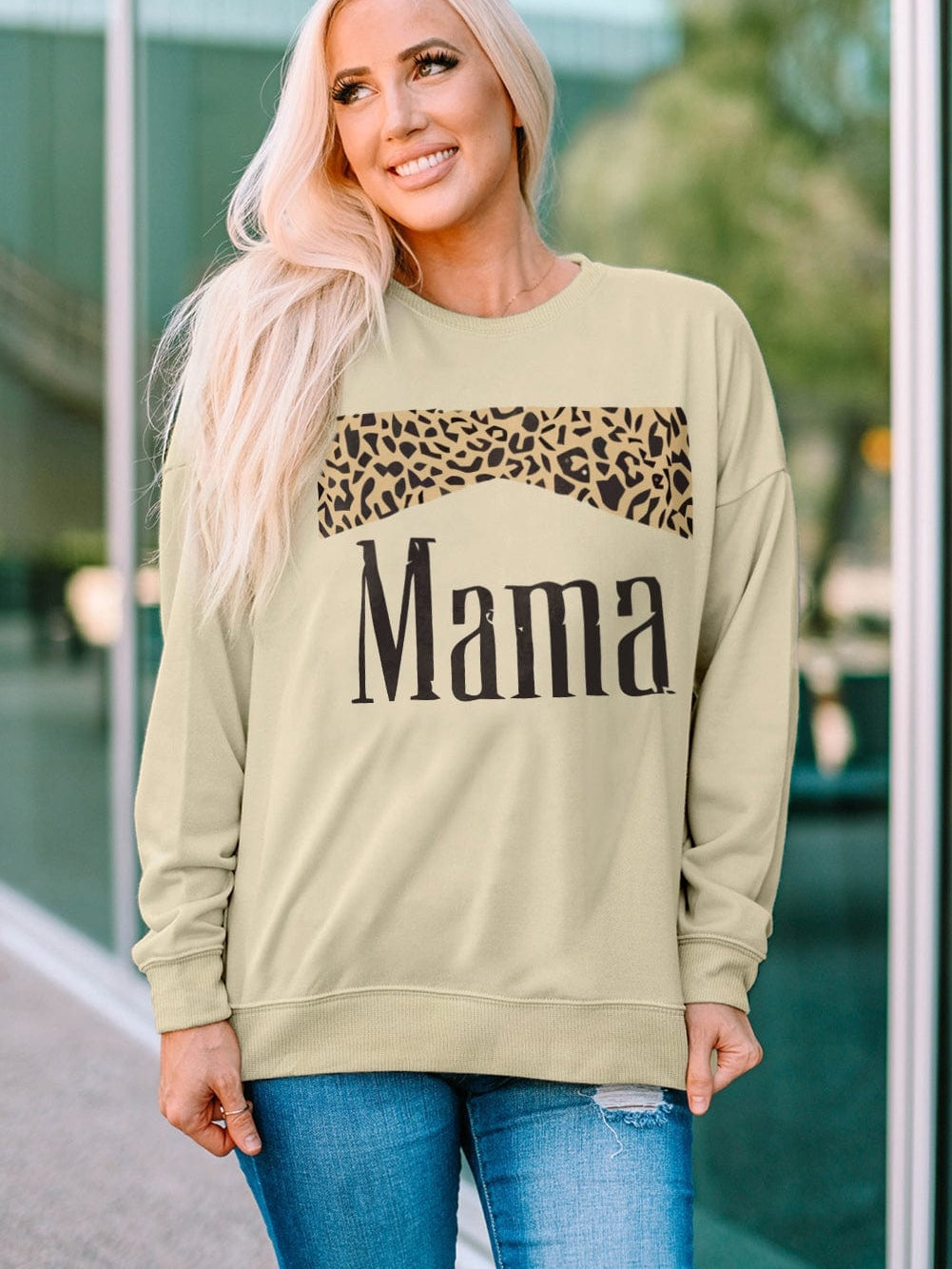 Leopard Mama Khaki Print Graphic Pullover Sweatshirt