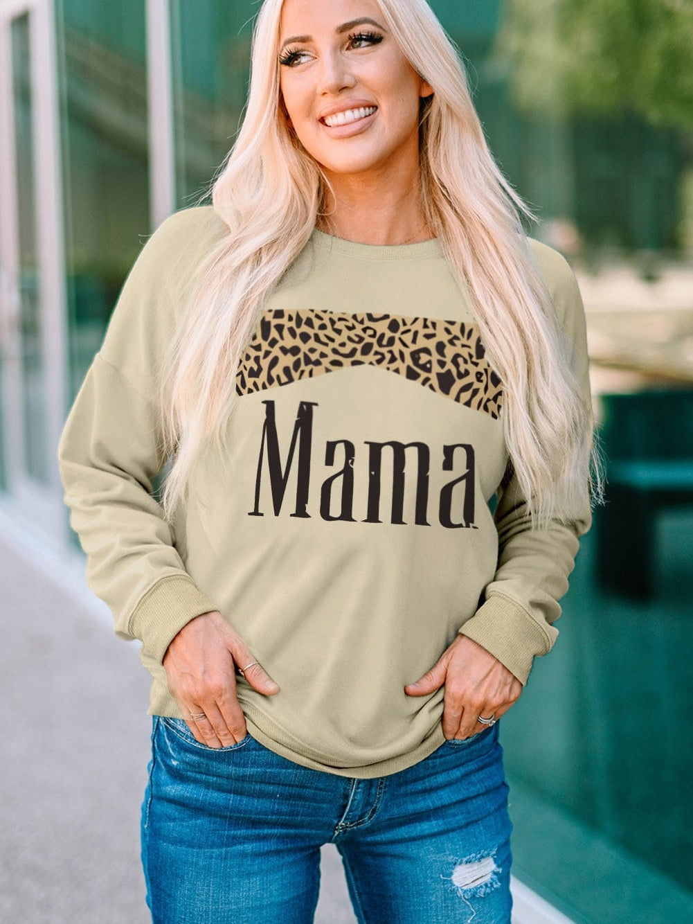 Leopard Mama Khaki Print Graphic Pullover Sweatshirt