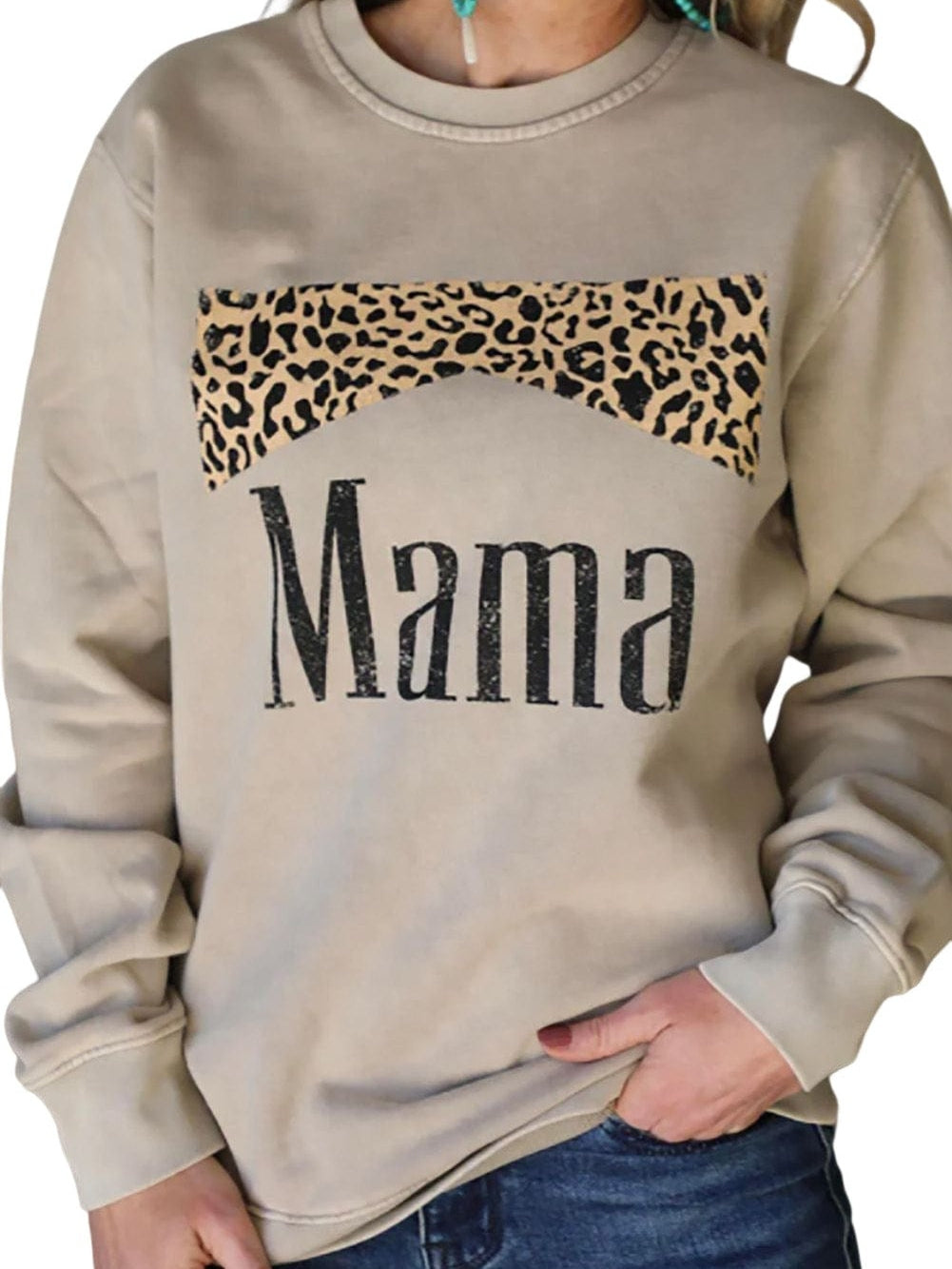 Leopard Mama Khaki Print Graphic Pullover Sweatshirt