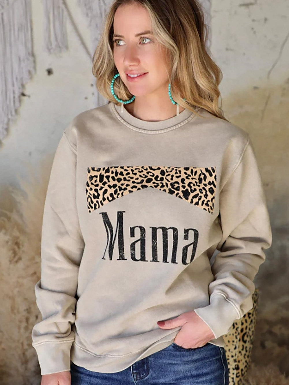 Leopard Mama Khaki Print Graphic Pullover Sweatshirt