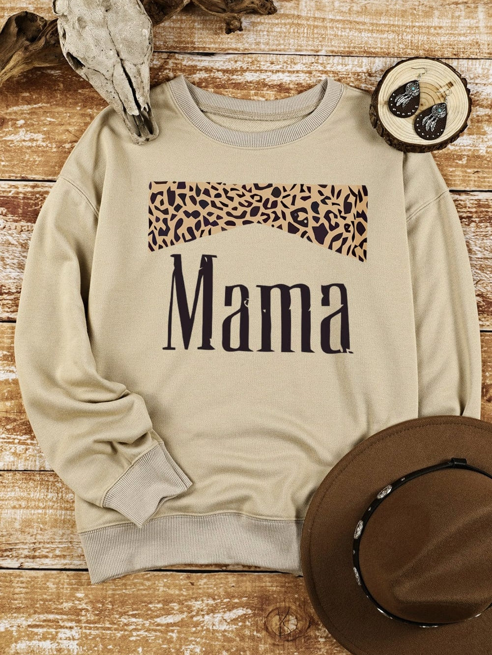 Leopard Mama Khaki Print Graphic Pullover Sweatshirt