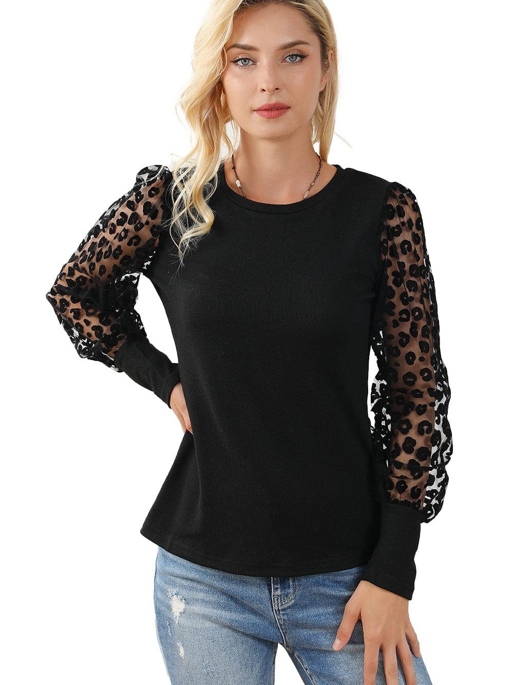 Leopard Mesh Patchwork Sheath Top with Puff Sleeves