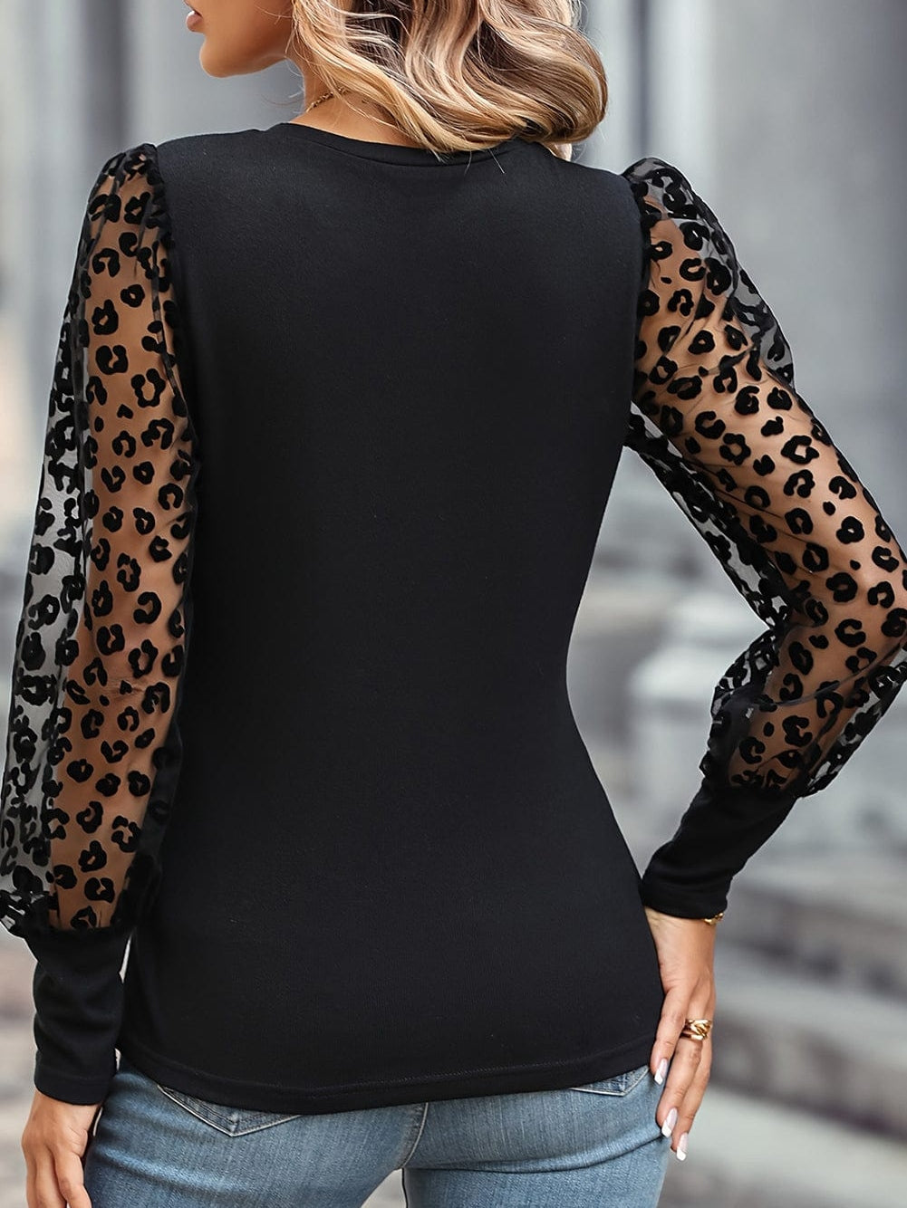 Leopard Mesh Patchwork Sheath Top with Puff Sleeves