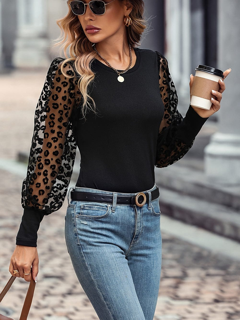 Leopard Mesh Patchwork Sheath Top with Puff Sleeves