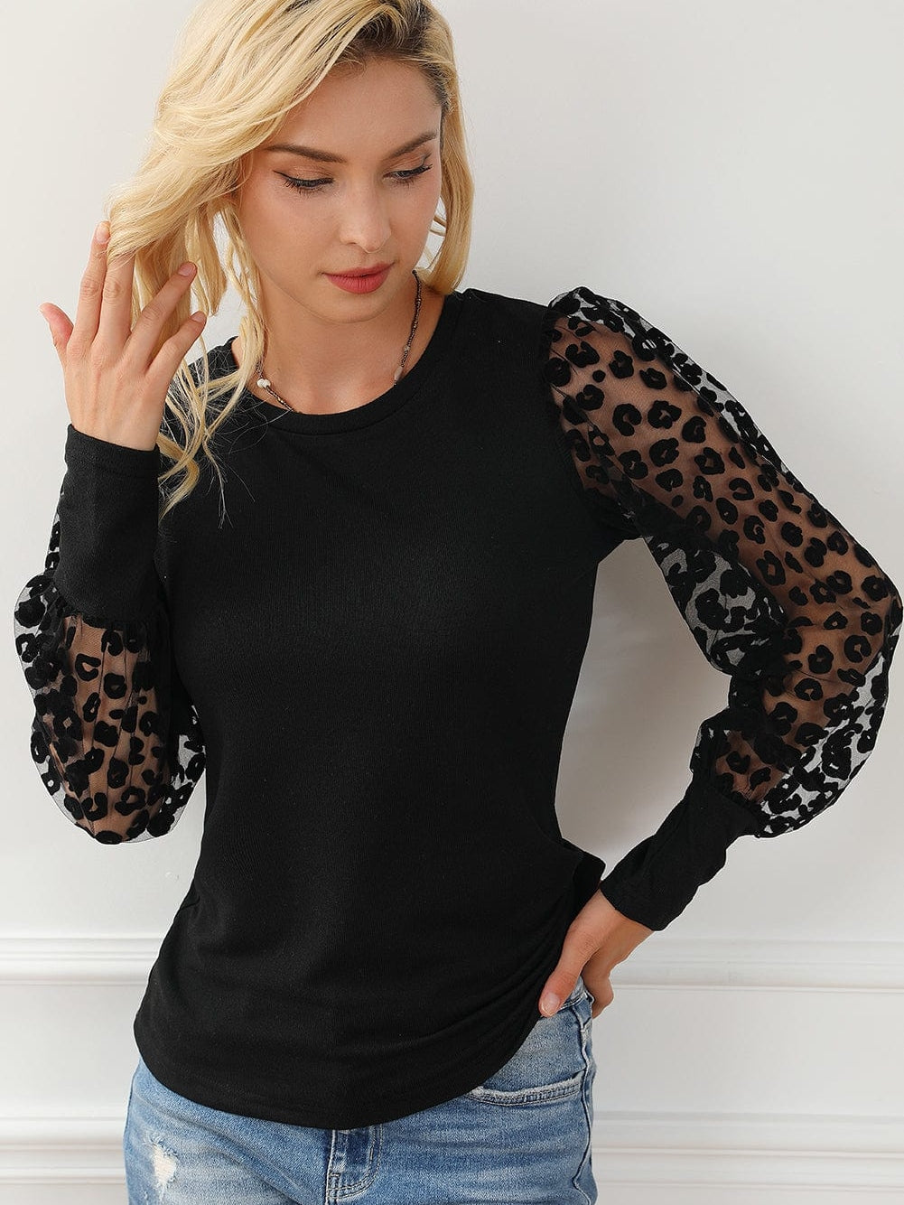 Leopard Mesh Patchwork Sheath Top with Puff Sleeves