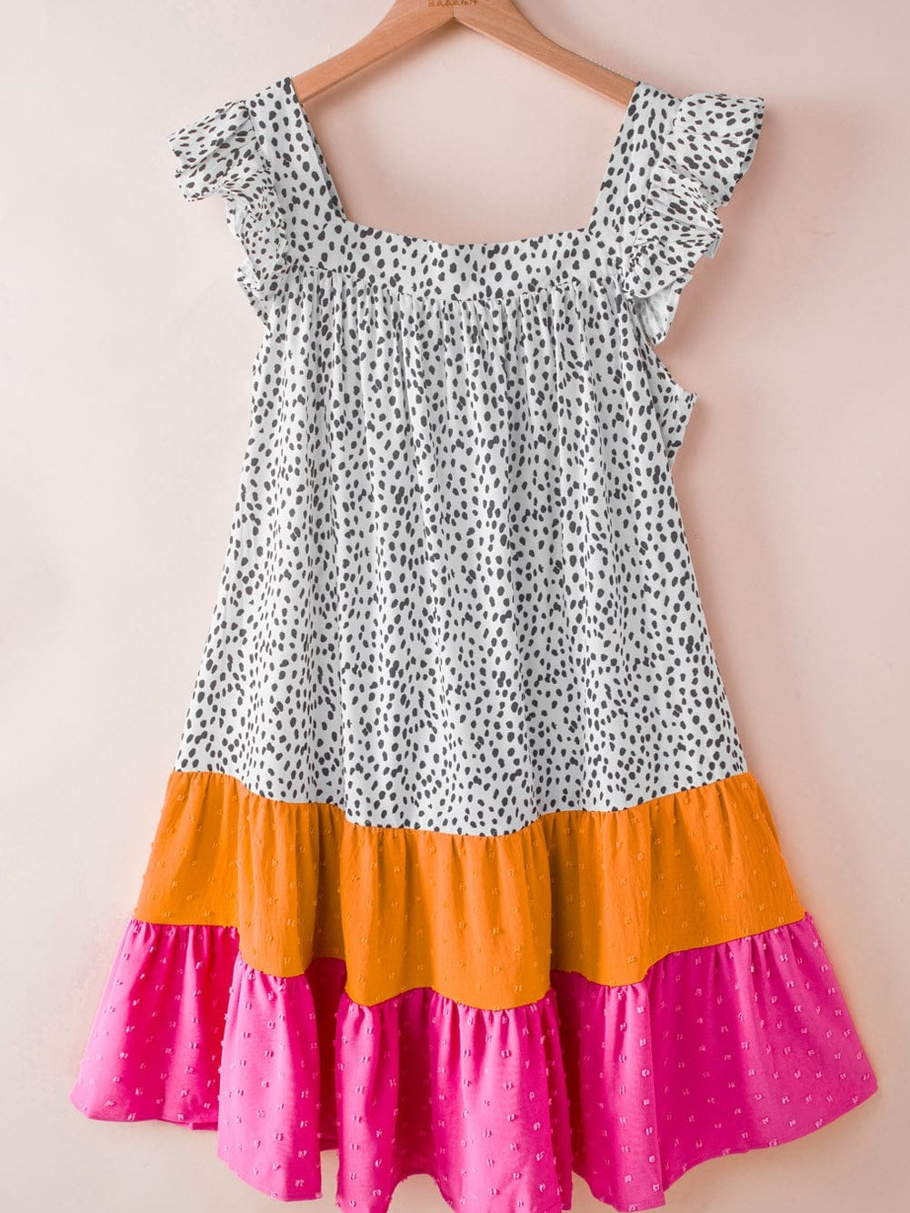 Leopard Patchwork Flutter Sleeve Square Neck Mini Dress