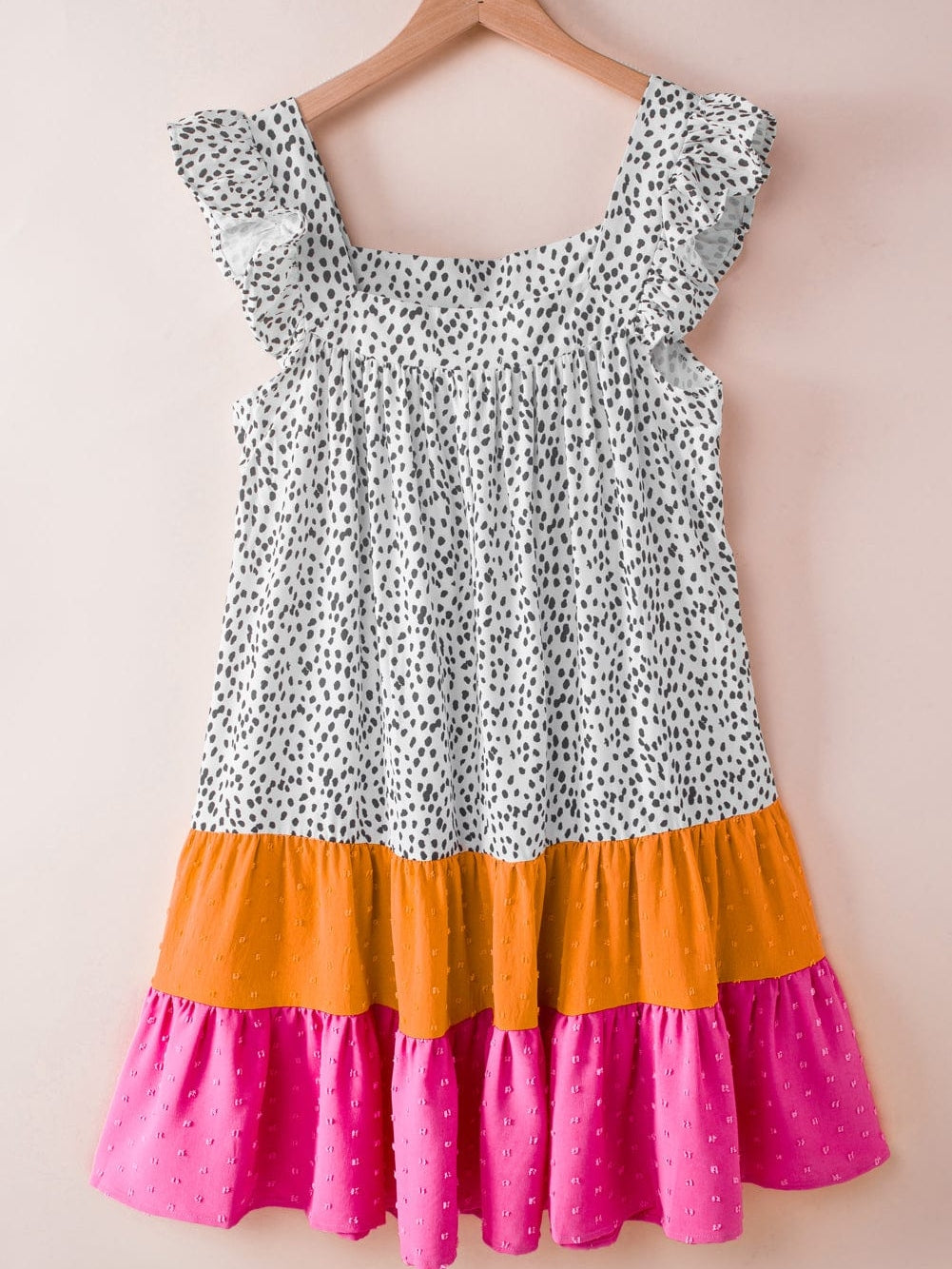Leopard Patchwork Flutter Sleeve Square Neck Mini Dress