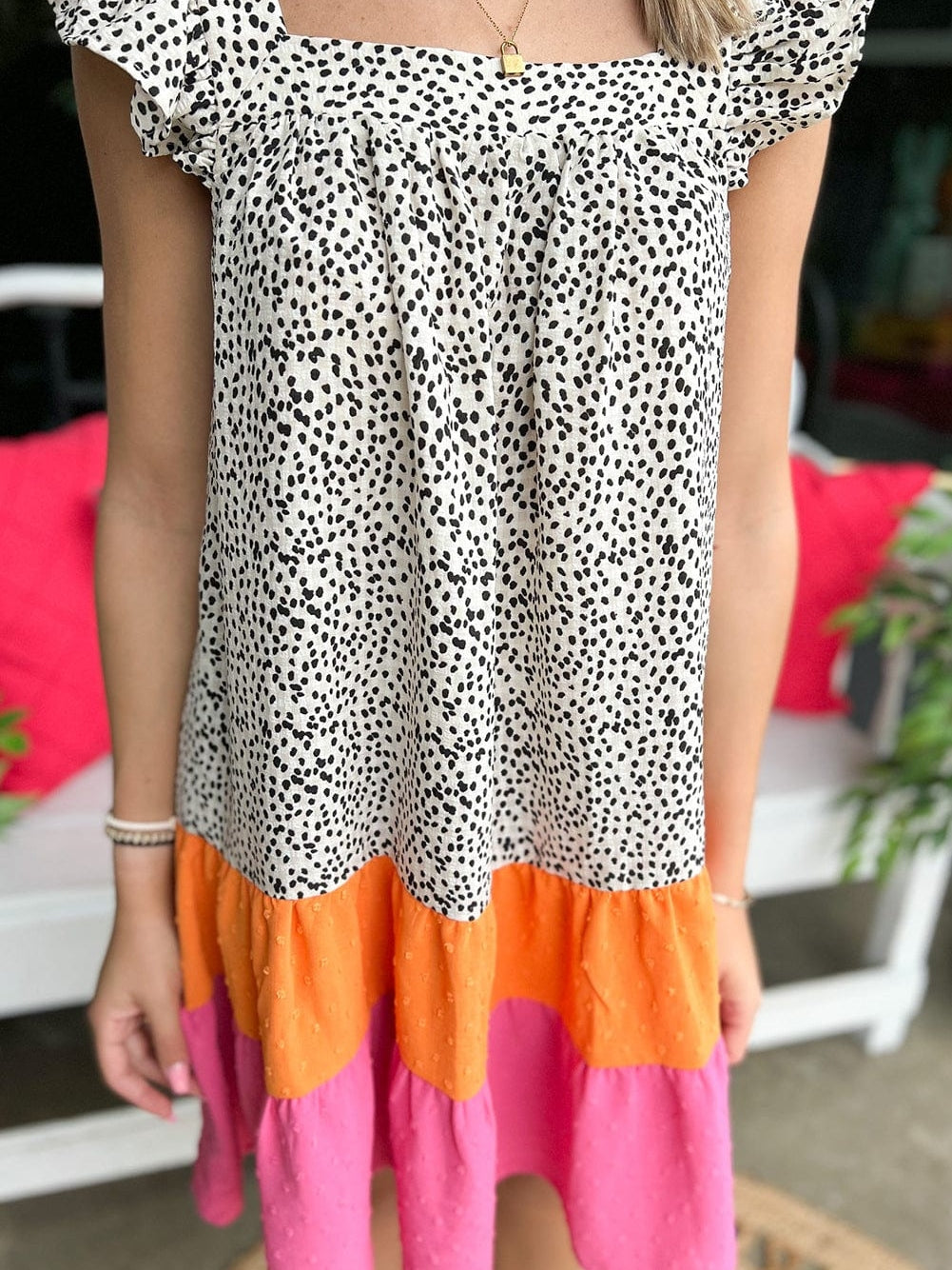 Leopard Patchwork Flutter Sleeve Square Neck Mini Dress