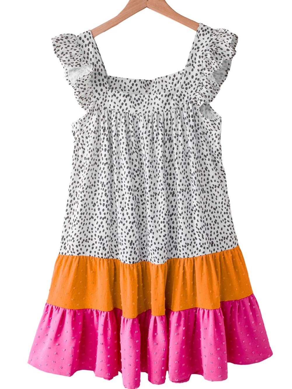 Leopard Patchwork Flutter Sleeve Square Neck Mini Dress