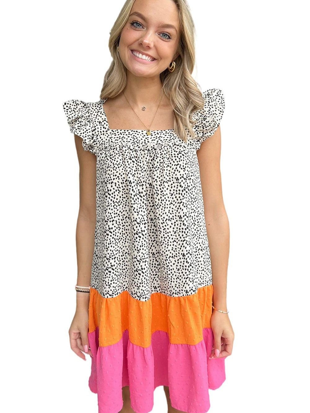 Leopard Patchwork Flutter Sleeve Square Neck Mini Dress