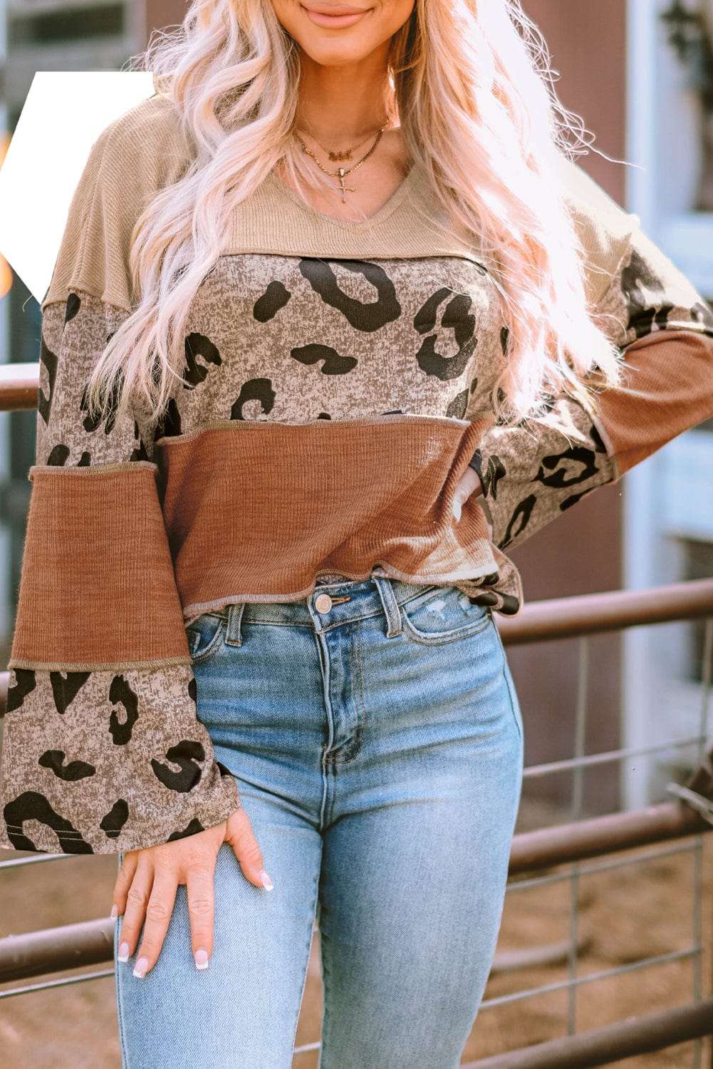 Leopard Patchwork V-Neck Knit Top with Loose Sleeves