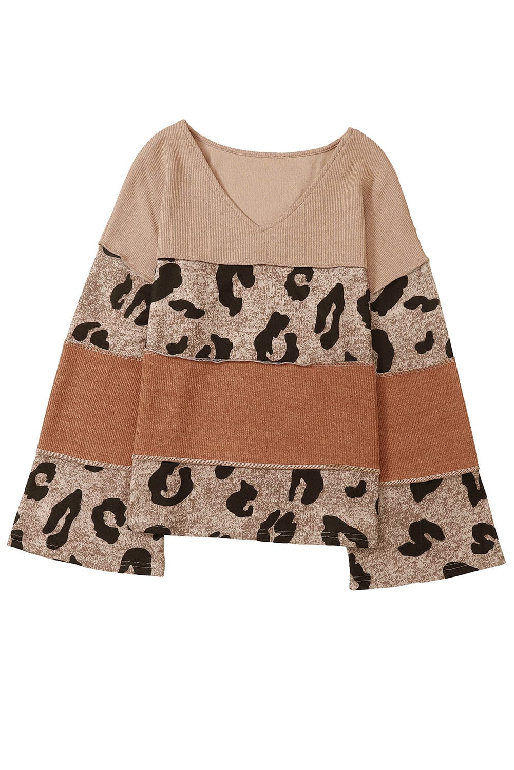 Leopard Patchwork V-Neck Knit Top with Loose Sleeves