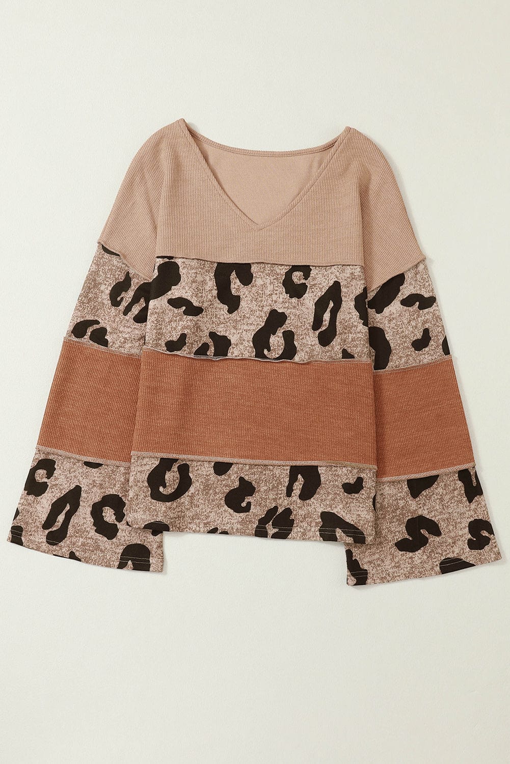 Leopard Patchwork V-Neck Knit Top with Loose Sleeves