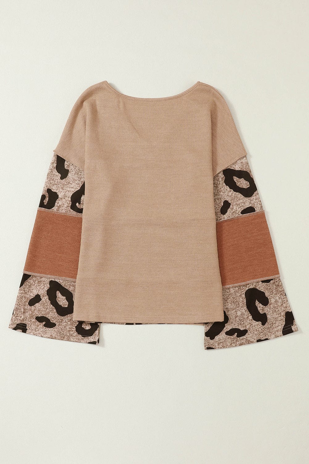 Leopard Patchwork V-Neck Knit Top with Loose Sleeves