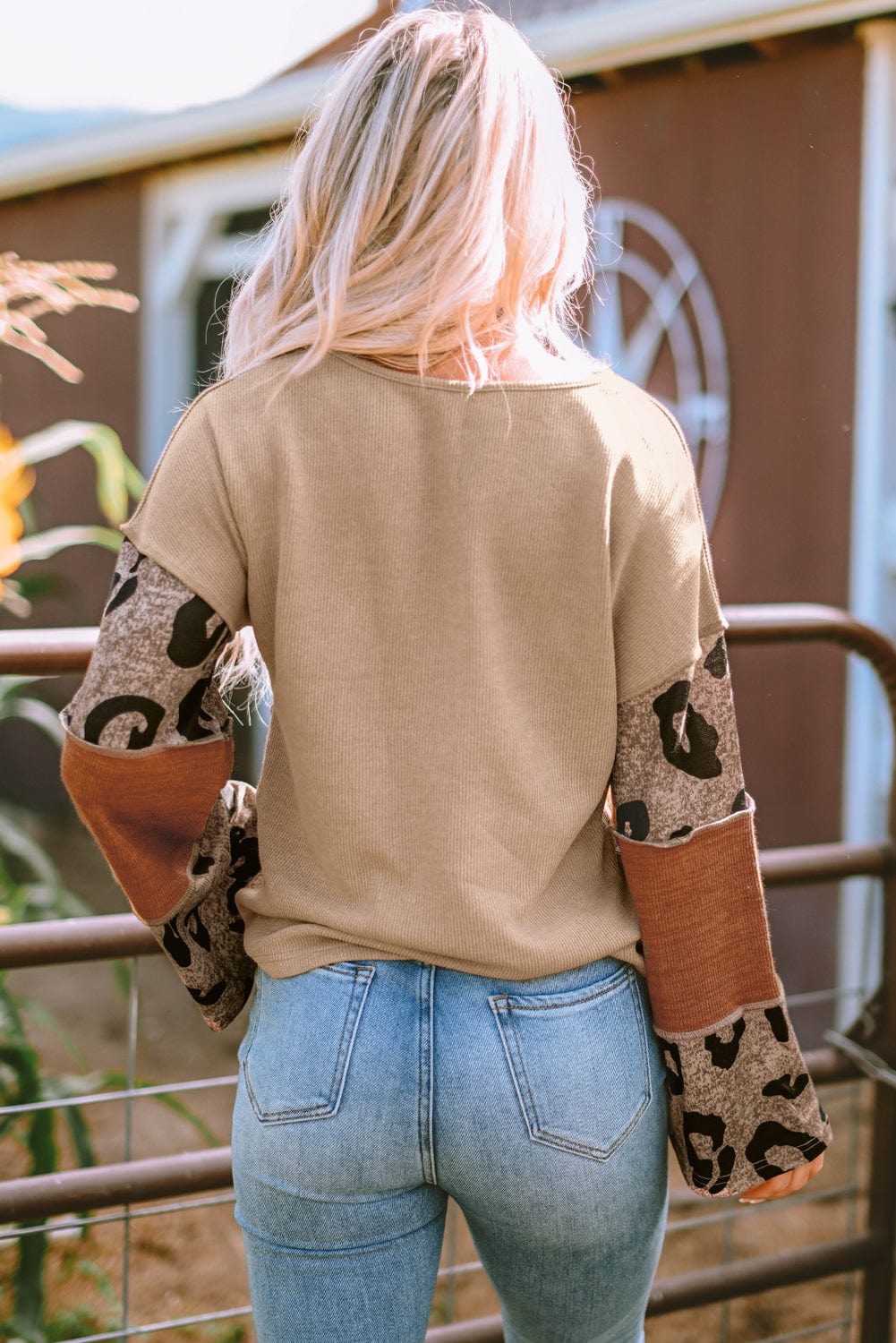 Leopard Patchwork V-Neck Knit Top with Loose Sleeves