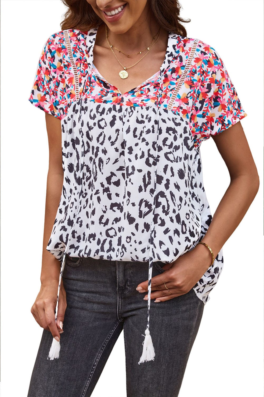Leopard Patchwork V-Neck Tassel Blouse