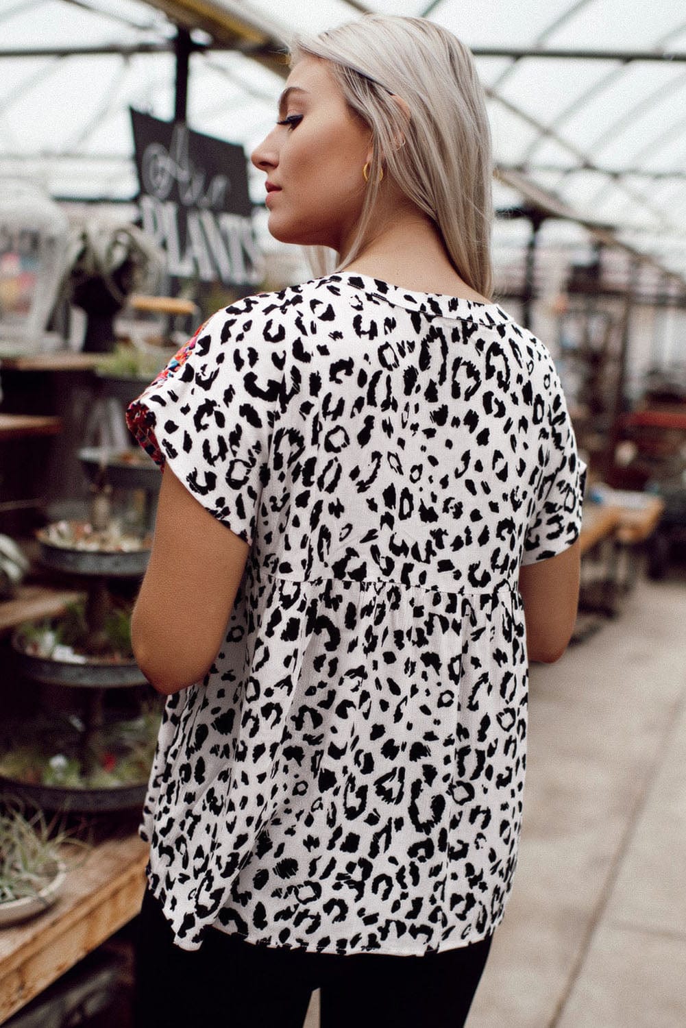Leopard Patchwork V-Neck Tassel Blouse