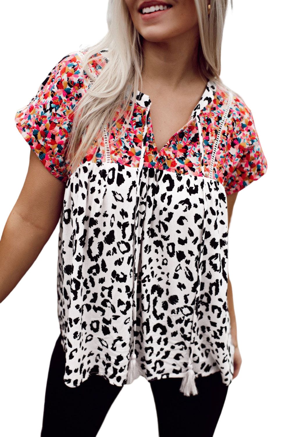 Leopard Patchwork V-Neck Tassel Blouse
