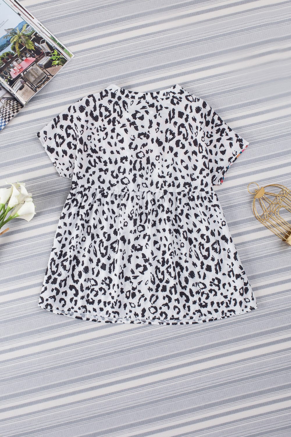 Leopard Patchwork V-Neck Tassel Blouse