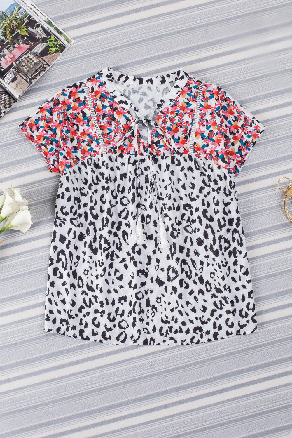 Leopard Patchwork V-Neck Tassel Blouse